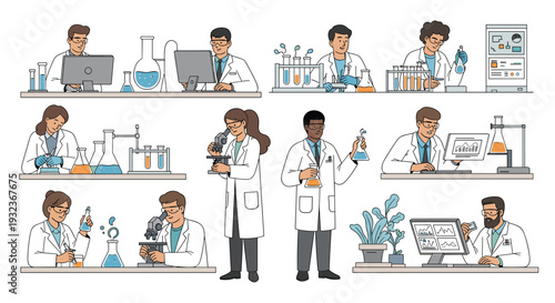 Group of diverse scientists and researchers conduct various experiments in a high-tech laboratory with specialized equipment.