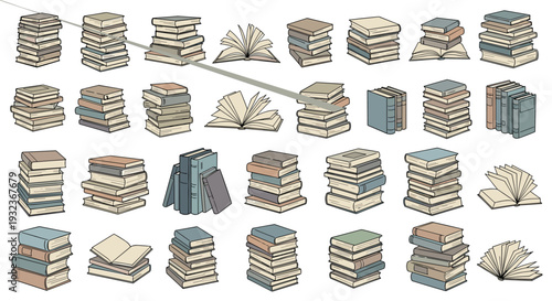 Massive collection of various book sketches showing stacks of hardcover volumes and open pages for library and study themes.