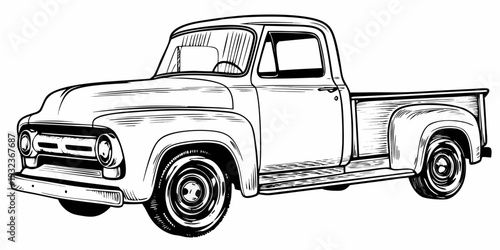 Classic Vintage Pickup Truck Vector Line Art Illustration Retro Farm Vehicle