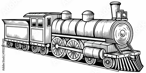 Antique Steam Locomotive Train Engine Vector Line Art Illustration Retro Railway Transport