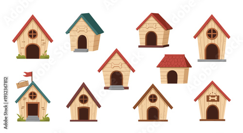 Diverse collection of cozy wooden dog house designs with different roof colors, sizes, and features for pets in a flat illustration style.