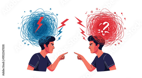 Two men in a heated argument with chaotic blue and red scribbles representing complex emotions and difficult thoughts shown above their heads.