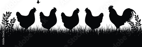 Silhouette vector of chickens and rooster standing on grass with butterfly above, minimalist farm animal design showing nature, poultry, and outdoor scene.