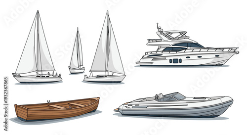 Set of various maritime vessels including white sailing yachts, a traditional wooden rowboat, and a modern motorboat on a white background.
