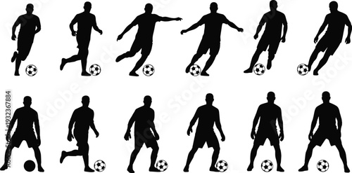 Soccer Player Silhouette Set Featuring Male Athletes Dribbling, Kicking Ball, and Goalkeeper Actions for Football Sports Design