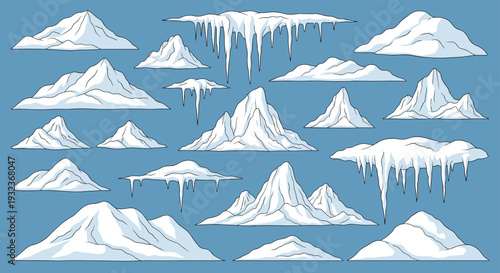 Comprehensive collection of various iceberg shapes and frozen ice formations floating on a calm blue sea under a clear sky.