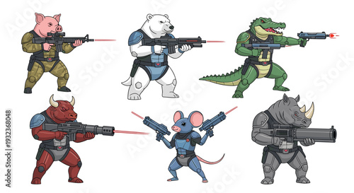 Group of fierce cybernetic animals including a rhino, bull, and crocodile equipped with futuristic combat armor and laser weapons.