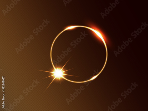 Glowing golden ring with lens flare effect. Abstract magic circle light on dark background for solar eclipse or cosmic energy design.