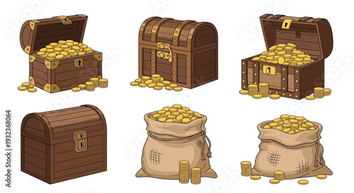 Collection of pirate treasure chests and large burlap bags overflowing with shiny gold coins on a clean white background.