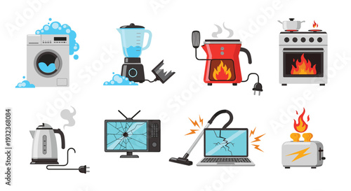 Set of broken or malfunctioning household appliances including a burning stove, a cracked television screen, and a smoking toaster.