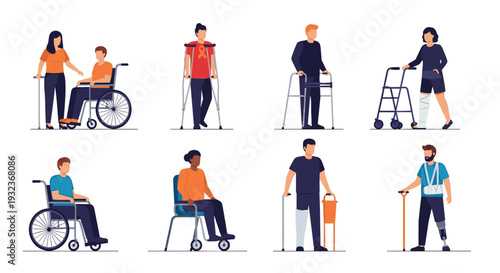 Supportive collection of diverse people with physical disabilities using wheelchairs, crutches, walkers, and prosthetic limbs for mobility.