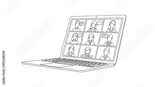 Virtual Video Conference Grid on Laptop Screen Representing Remote Work Online Meeting and Digital Collaboration