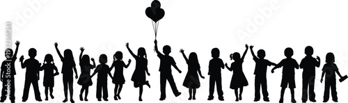 Silhouette vector of children celebrating outdoors, group of seventeen kids in playful poses with balloons, showing joy, diversity, movement, and togetherness.