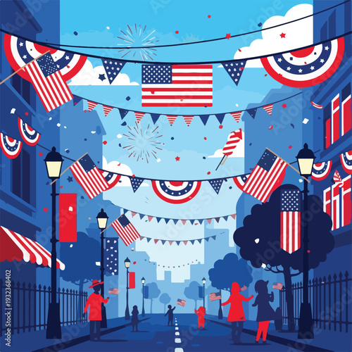 A festive street scene with flags, fireworks, and people