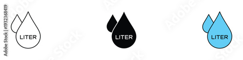 Liter water drop measurement icon set. Liquid volume symbol for hydration, beverage industry, and plumbing service design. Vector Illustration.
