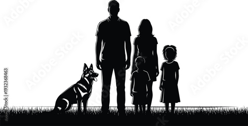 Silhouette vector of family with dog standing on grass, minimalist design showing parents, children, and pet together in outdoor nature scene.
