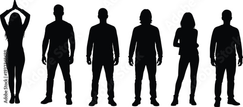 Collection of six human silhouettes with distinct postures and hairstyles, showcasing diversity, expressive stances, and artistic design elements for creative projects and illustration purposes.