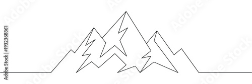 Continuous one line drawing of mountain range peaks for minimalist nature landscape adventure design concept. Editable stroke outline. Single contour art. Doodle hand drawn vector illustration