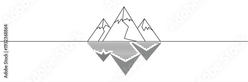 Minimalist continuous one line drawing of mountain peaks with geometric reflection. Editable stroke outline. Draw thin linear width. Single contour art. Doodle hand drawn vector illustration