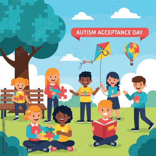 A group of diverse children playing in a park on a sunny day