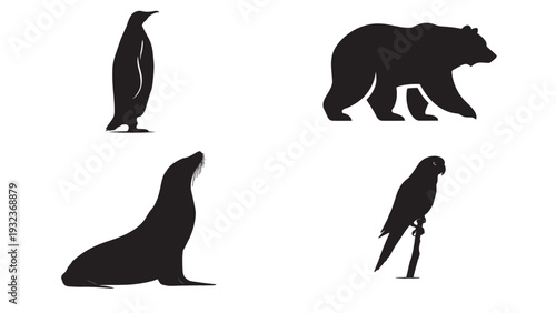 Set of Minimalist Animal Silhouette Including Bear, Penguin, Sea Lion and Parrot for Wildlife Branding