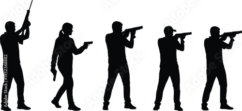 Collection of five firearm silhouettes featuring people in tactical stances, aiming rifles and handguns, showcasing action poses and expressive combat movements for creative design projects.