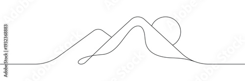 Minimalist continuous one line drawing of mountain peaks and sun in simple landscape style. Editable stroke outline. Draw thin linear width. Single contour art. Doodle hand drawn vector illustration