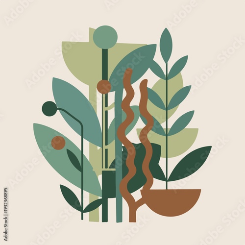 A flat-design illustration of plant elements in various greens and browns
