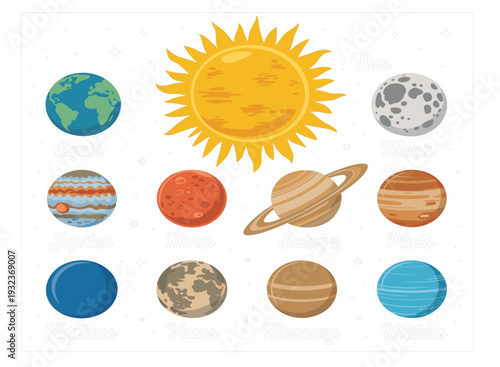 Solar system planets collection set with sun and moon, educational space astronomy illustration for science learning