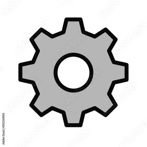 A gray gear icon with a black outline and a white background