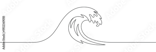 Continuous one line drawing of a large ocean wave crashing in a minimalist artistic style. Editable stroke outline. Draw thin linear width. Single contour art. Doodle hand drawn vector illustration