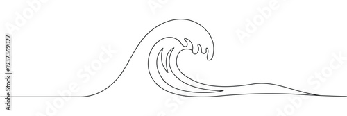 Minimalist continuous one line drawing of a crashing ocean wave for surf and sea nature. Editable stroke outline. Draw thin linear width. Single contour art. Doodle hand drawn vector illustration