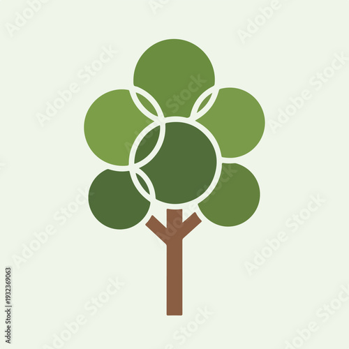 A flat-design tree with a round canopy in shades of green
