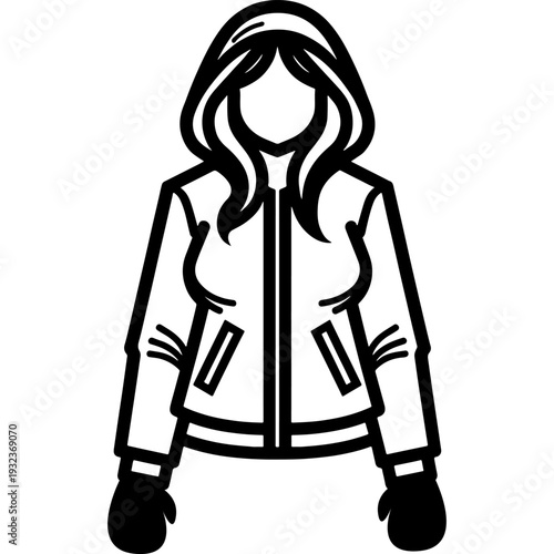 Young girl in a warm jacket with a hood. Engraving minimalistic vector in black ink drawing on transparent background