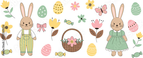 Easter Celebration Illustration Set with Cute Bunnies, Decorated Eggs, Spring Flowers, Butterfly, and Wicker Basket for Holiday
