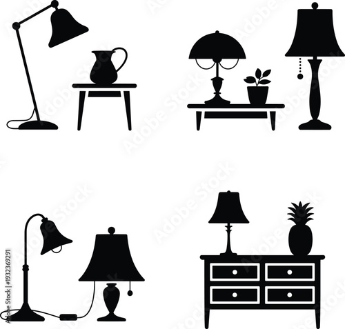 Modern home furniture and lamp silhouettes set with table decor elements isolated on white background vector illustration collection