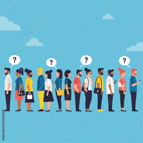 A group of people stand in a line under a blue sky