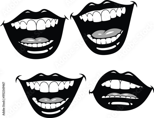 Black and white vector illustration of expressive open mouths with teeth and tongues, cartoon style design showcasing emotion, laughter, and communication
