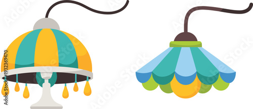 Vintage and modern colorful table lamps vector illustration set isolated on background, decorative lighting design elements collection