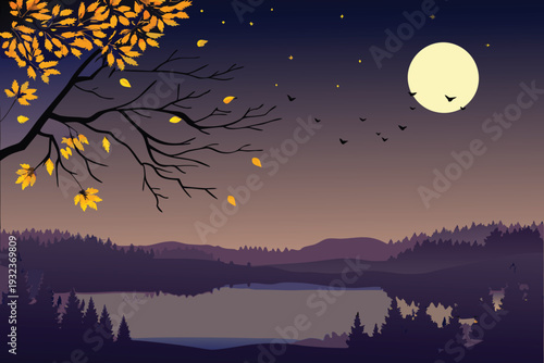 Autumn Tree Branch with Falling Leaves Over Lake at Night with Full Moon and Birds