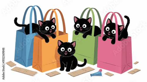 Four black cats playfully hiding in colorful reusable shopping bags with handles surrounded by scattered paper bags on white background