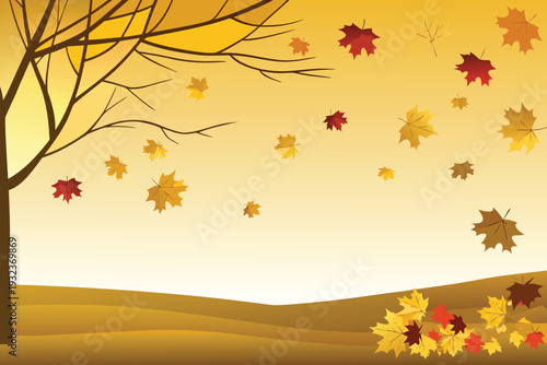 Autumn Tree with Falling Leaves and Hillside Warm Golden Hues Stock Illustration