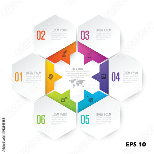 6-Step Hexagonal Business Infographic Template. Vector Illustration of a Global Central Hub with Six Interlocking Numbered Sections and Professional Icons