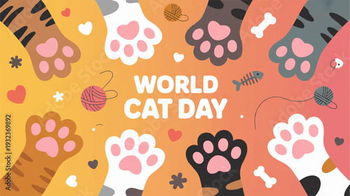 Colorful cat paws and hearts celebrate world cat day with cute animal illustrations and symbols on vibrant background