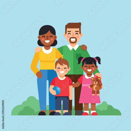 A happy, diverse family of four, arms around each other, smiling