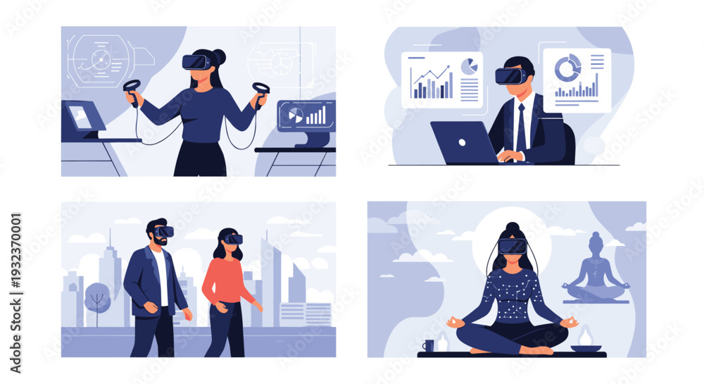 Fototapeta premium Diverse people experiencing virtual reality for business analysis, city exploration, meditation, and interactive gaming.