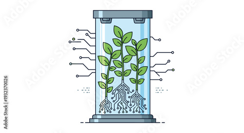 Green plants growing inside a futuristic glass laboratory chamber with electronic circuit roots for scientific research.