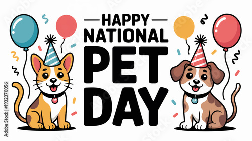 Happy national pet day celebration with cat and dog wearing party hats and colorful balloons