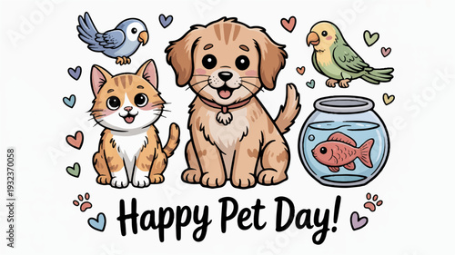 Cute pets dog cat bird fish happy pet day celebration colorful illustration