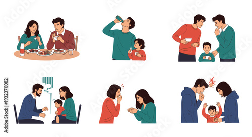 Set of illustrations showing different human behaviors and social interactions like eating, drinking, arguing, and sharing.